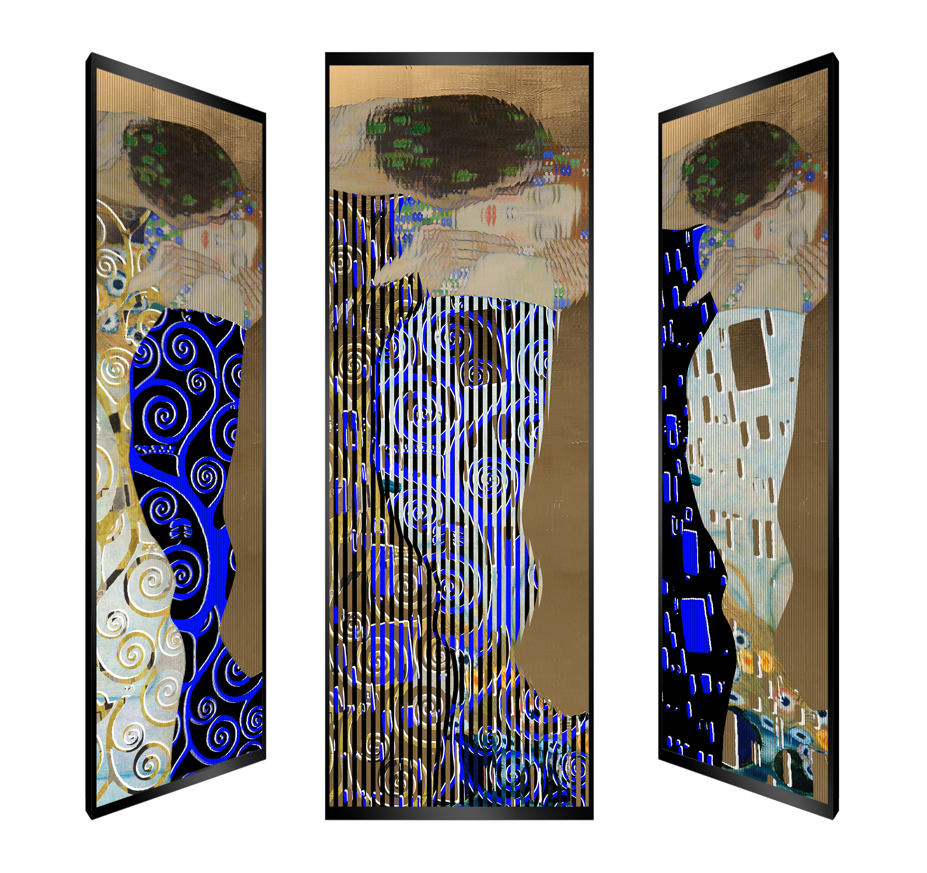 Triptych artwork featuring abstract faces with blue and gold accents. Triptych artwork featuring abstract faces with blue and gold accents.