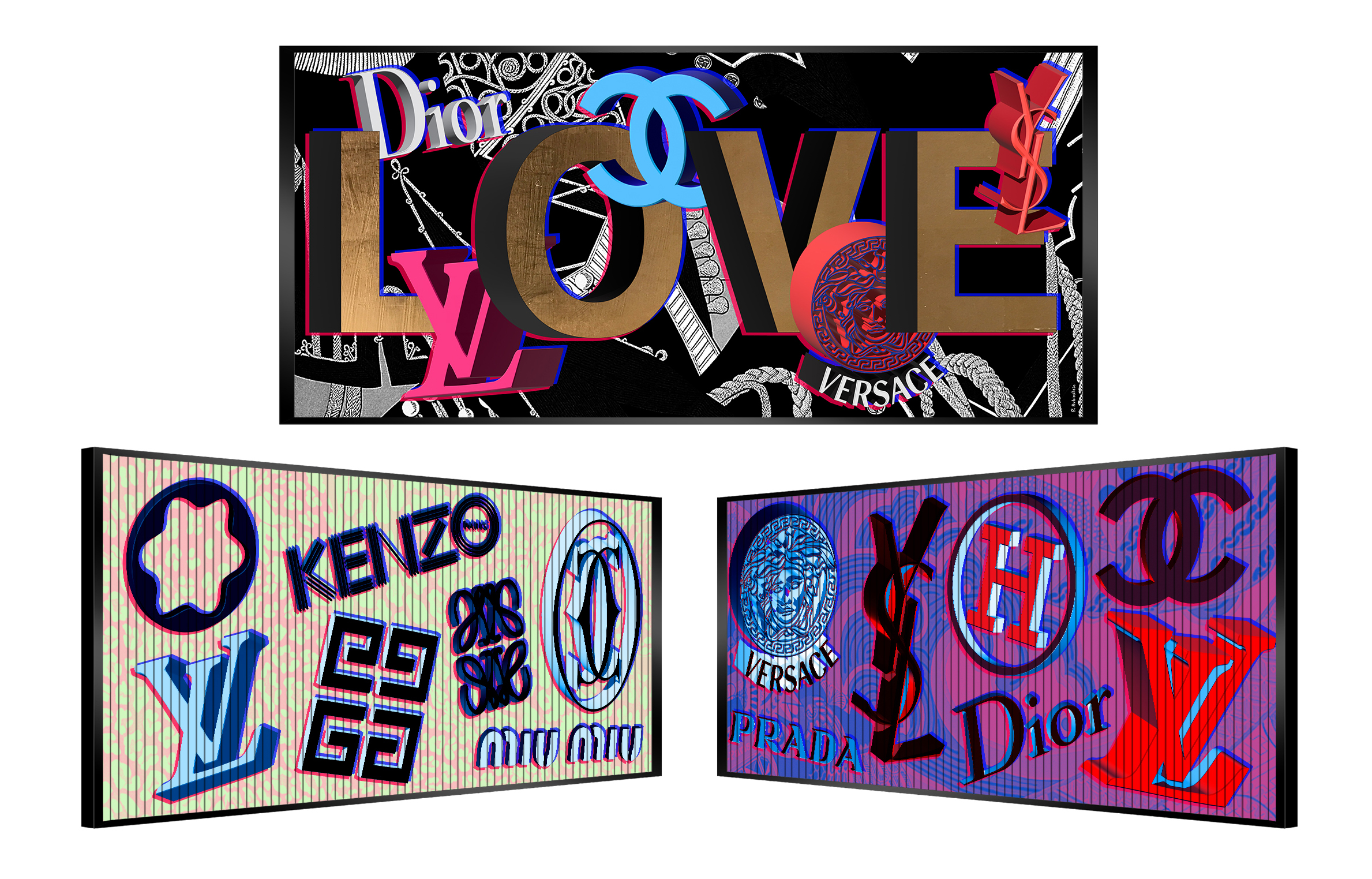 Colorful graffiti art featuring famous luxury brand logos and the word 'LOVE'.