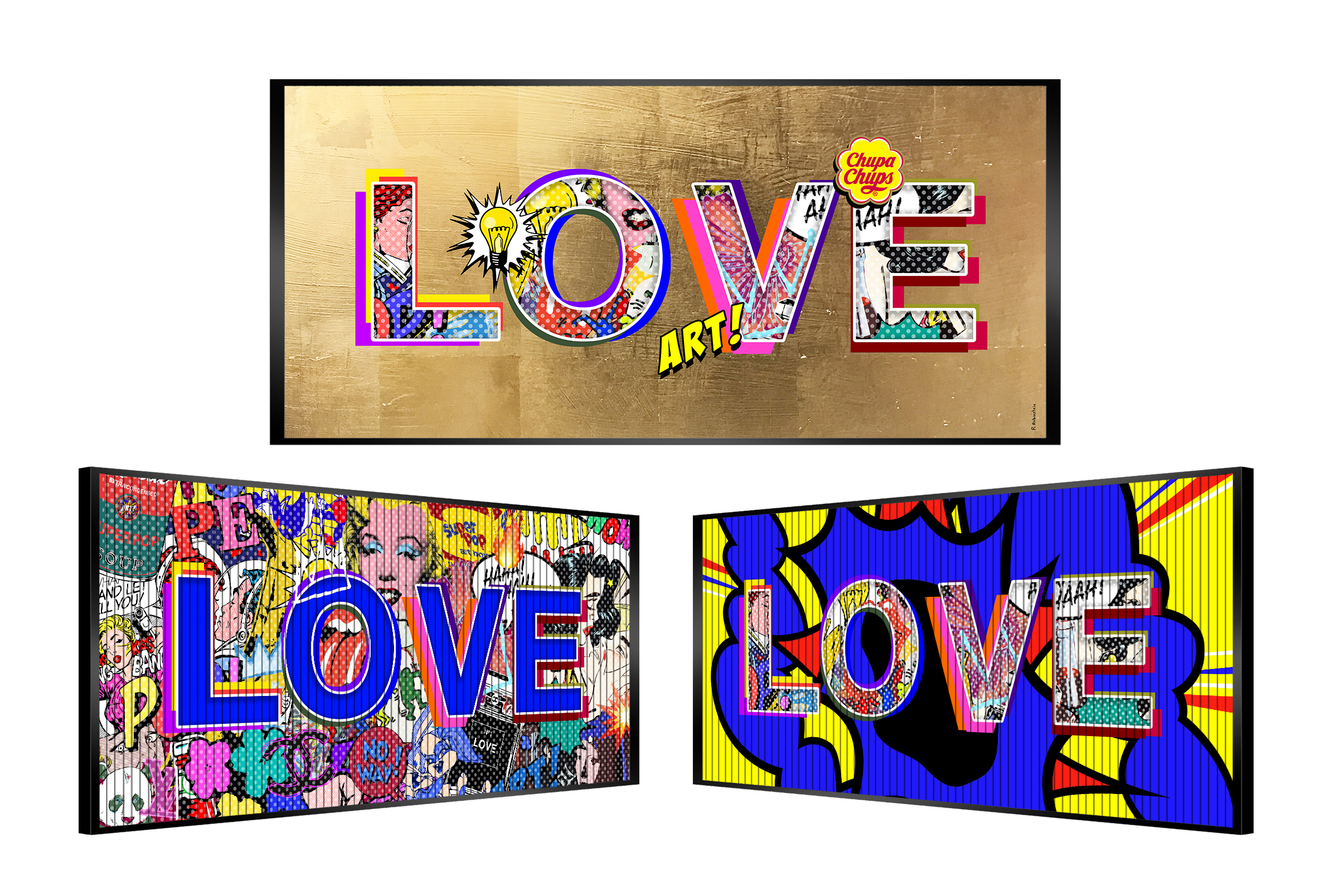 Three colorful artworks spelling the word LOVE in bold letters. Three colorful artworks spelling the word LOVE in bold letters.