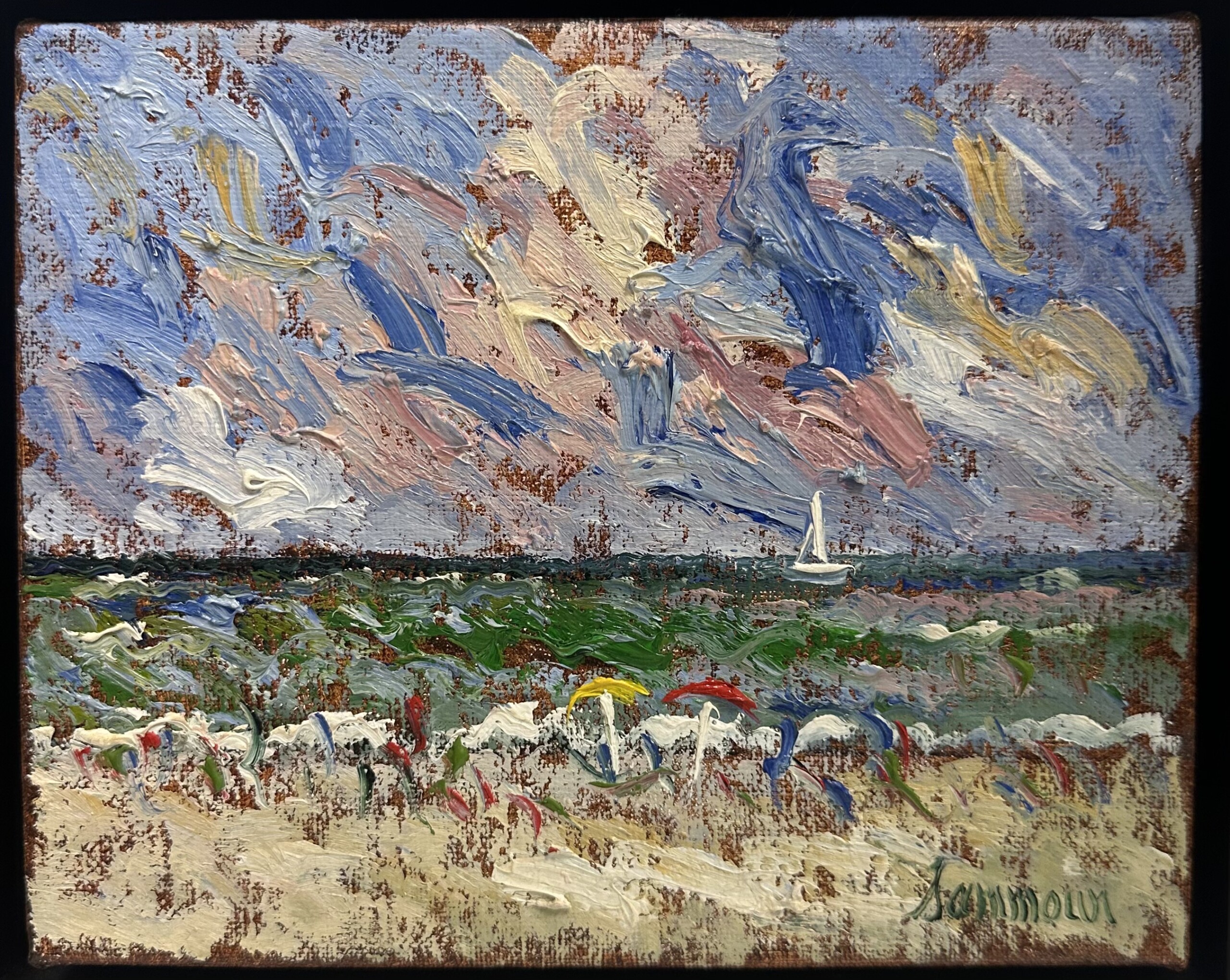 Impressionist landscape with vibrant sky and scattered figures.