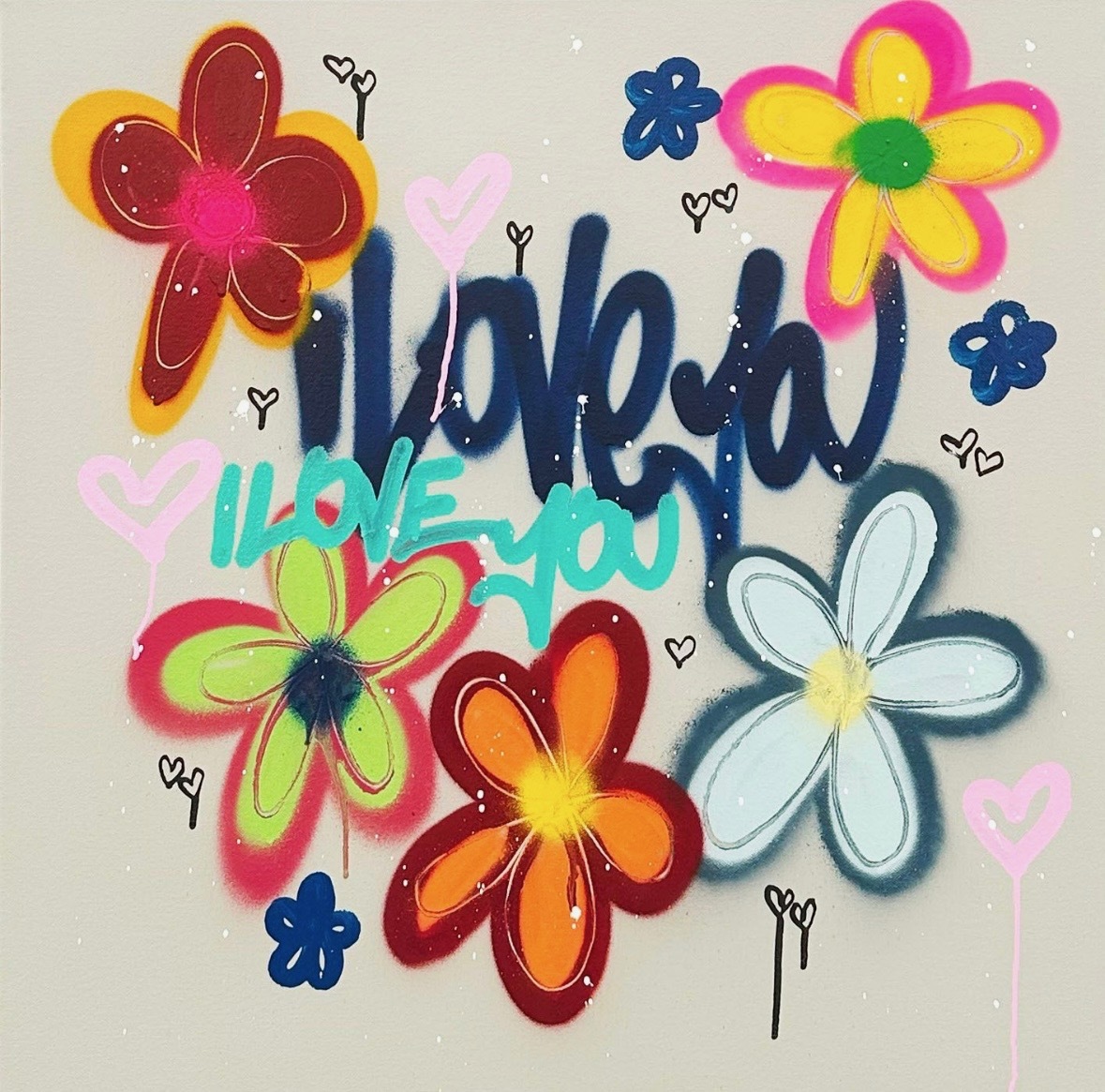 Colorful flowers with the word “aloha” and hearts on a light background. Colorful flowers with the word "aloha" and hearts on a light background.