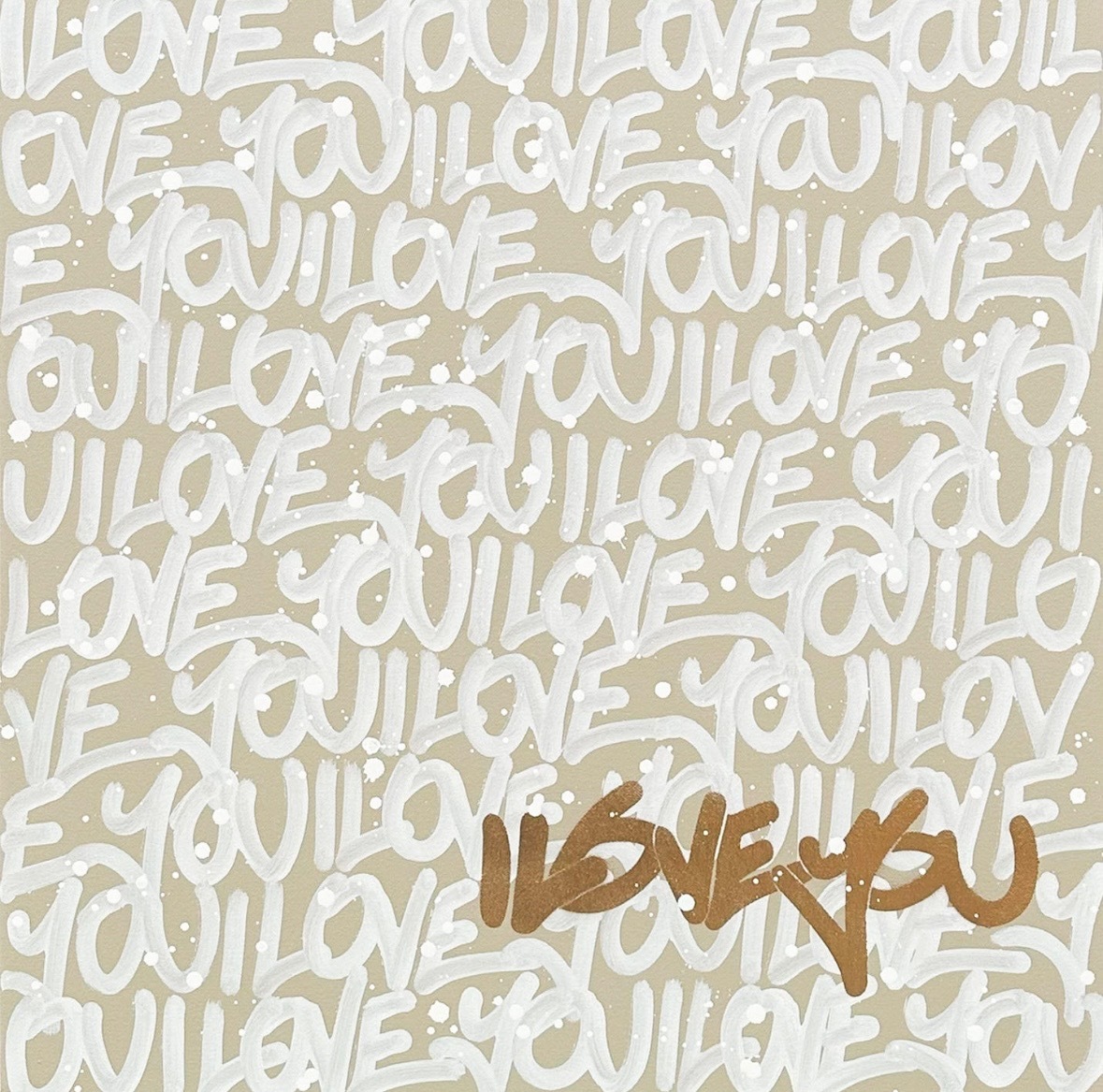 A pattern of the word ‘LOVE’ in white on a beige background with ‘LOVE 50’ in gold. A pattern of the word 'LOVE' in white on a beige background with 'LOVE 50' in gold.
