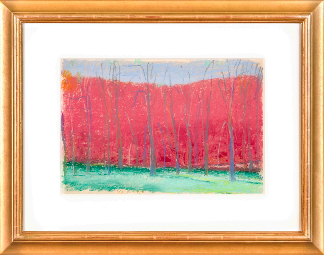 Abstract painting of red trees with a green foreground. Abstract painting of red trees with a green foreground.
