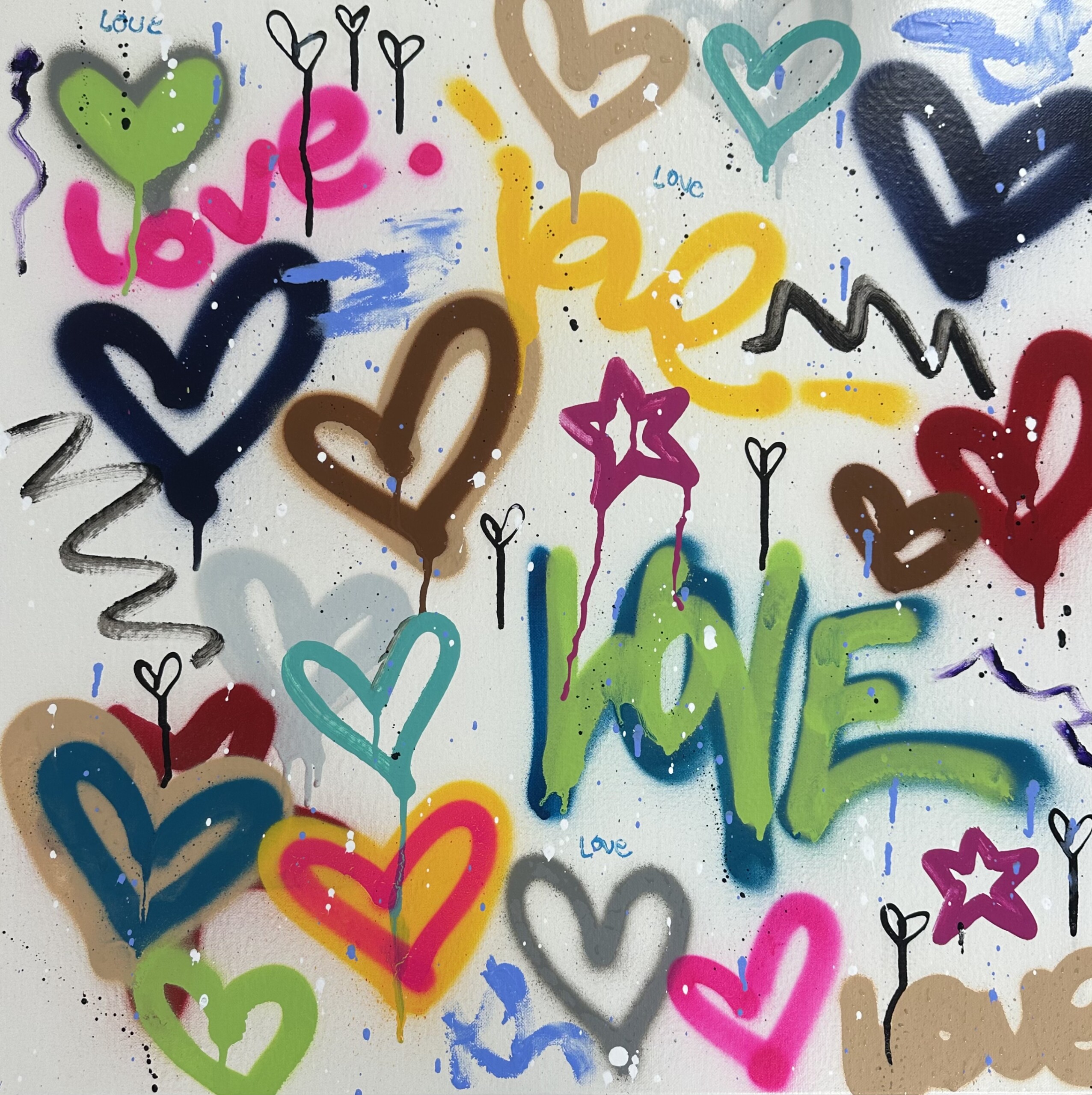 Colorful graffiti with various hearts and the word ‘love’ in bright colors. Colorful graffiti with various hearts and the word 'love' in bright colors.