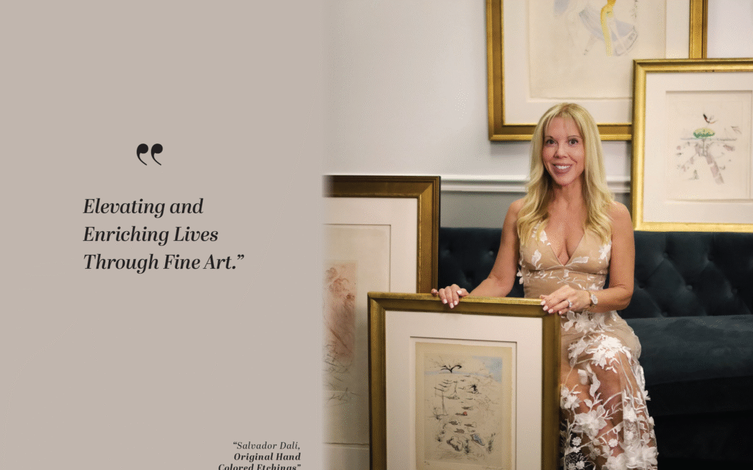 Elegant woman sitting on a couch with a framed quote about elevating and enriching lives.