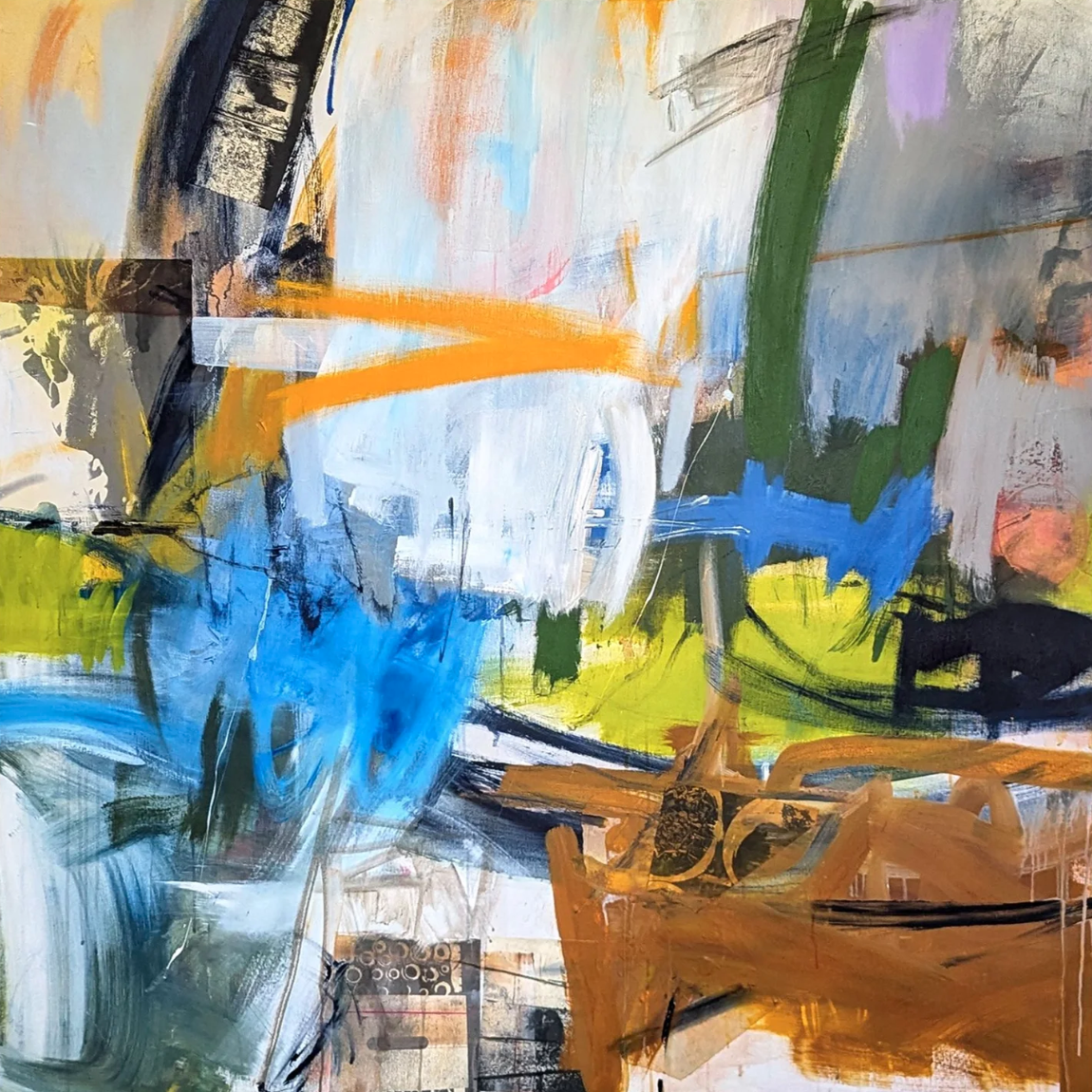 Abstract painting with bold strokes of blue, orange, and green. Abstract painting with bold strokes of blue, orange, and green.