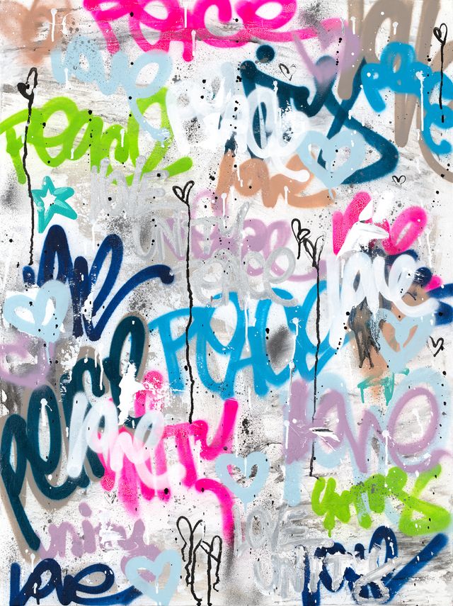 Colorful graffiti art with layered words on a white wall. Colorful graffiti art with layered words on a white wall.